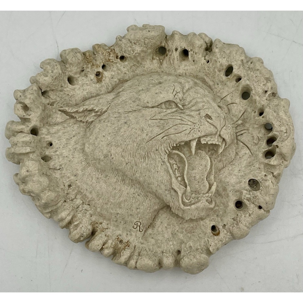 Rasmussen Vtg. 1984 Cast Antler Wildlife Relief Carving Cougar Signed Unpainted